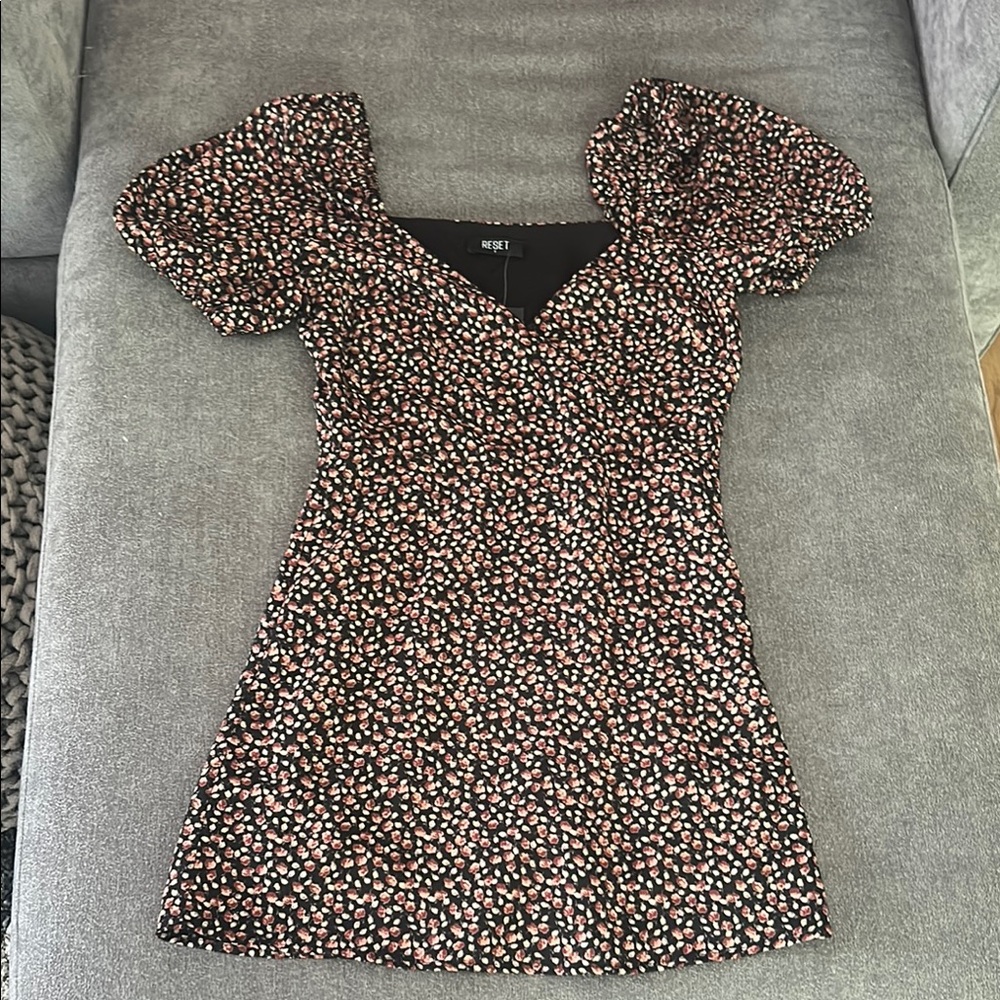 The Reset Brown and Tan Puff Sleeve Mini Sundress